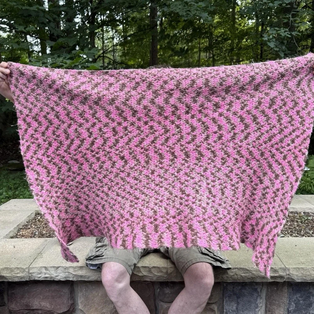 Handmade Crochet Chevron Ripple Lap Throw 46x33 Pink Brown Textured